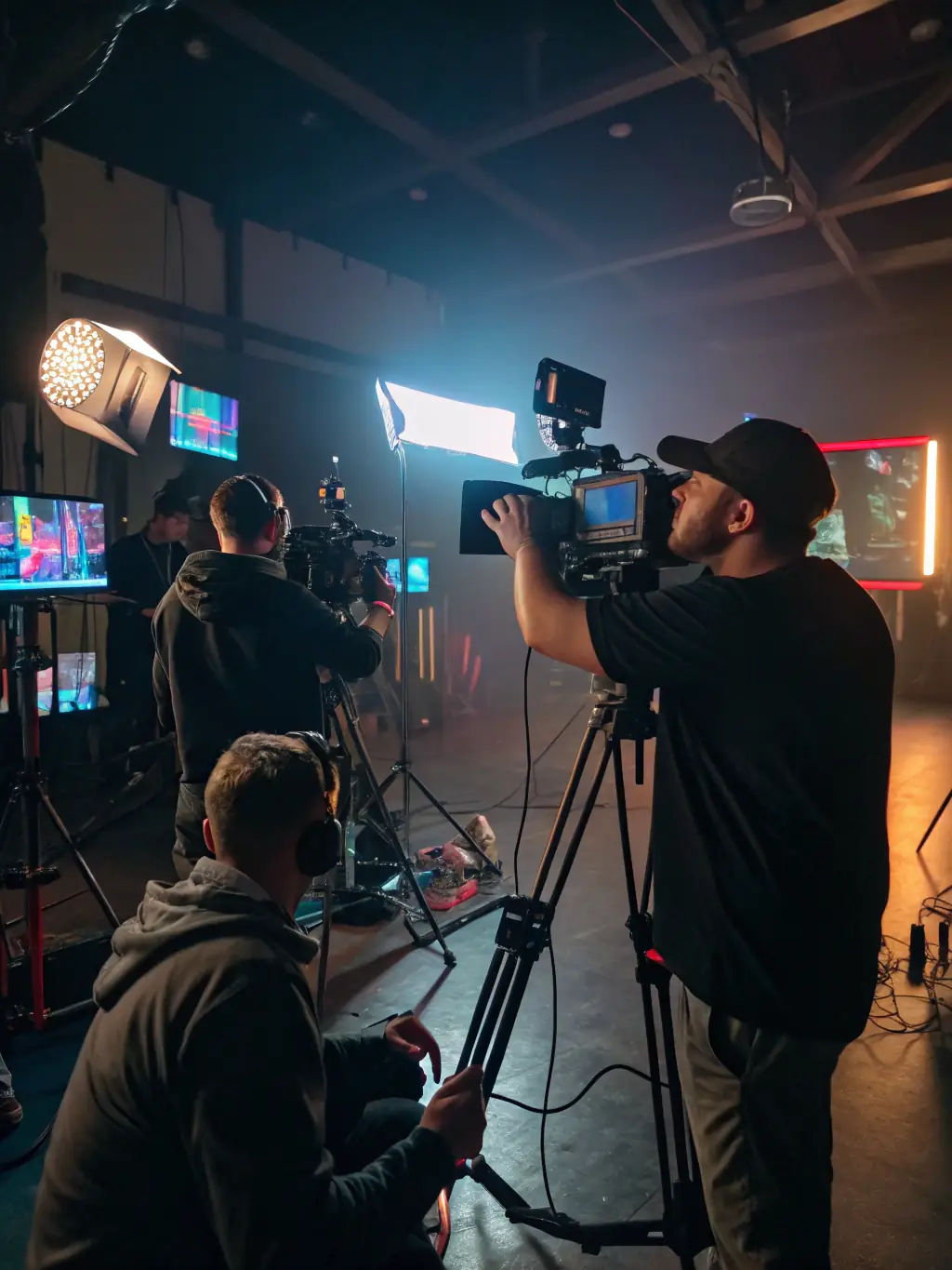 A dynamic video production setup with professional lighting and equipment, representing Morland.digital's capabilities in creating engaging video content.