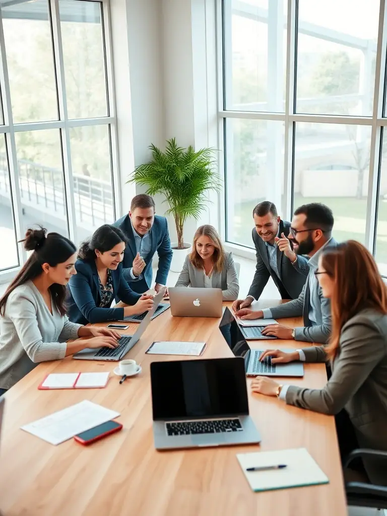 A professional team collaborating on a digital strategy, using laptops and charts to analyze data, reflecting Morland.digital's data-driven approach.
