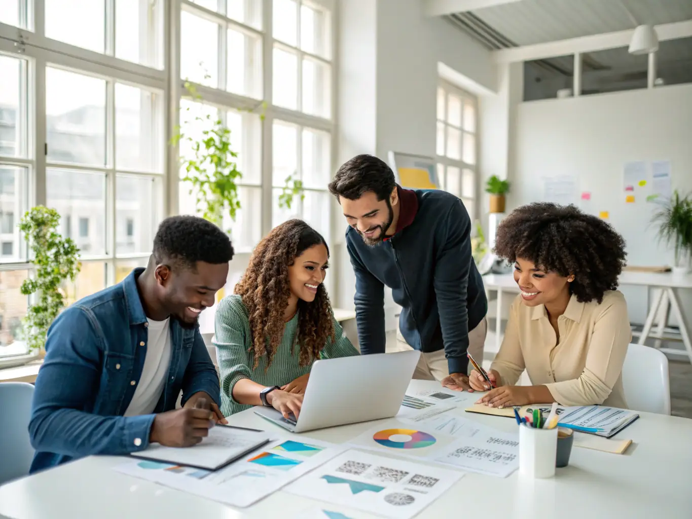 An image showcasing a team brainstorming digital strategies with charts and laptops, representing Morland.digital's Digital Strategy Development service.